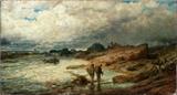 ROBERT HOPKIN (AMERICAN, 1832-1909), OIL ON CANVAS CLAM DIGGERS  ROCKY OCEAN COAST 1886 H 38" L 70"