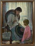 ROY C. GAMBLE (AMERICAN, 1887-1972), OIL CANVAS, WOMAN SEWING RUG WITH CHILD WATCHING, H 44", W 33"