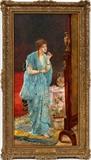 VINCENT PALMAROLI (SPANISH, 1834-96), OIL ON WOOD PANEL, H 26", W 14", YOUNG WOMAN BY MIRROR