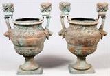 BRONZE OUTDOOR URNS, PAIR, H 37", L 25 1/2"