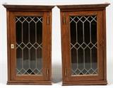 LEADED GLASS OAK SINGLE DOOR CABINETS PAIR H 35" W 22"