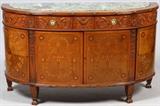 ROBERT IRWIN FURNITURE CO. [GRAND RAPIDS, MI] INLAID SATINWOOD AND MARBLE TOP SIDEBOARD, H 35", W 60", D 22"