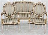 LOUIS XVI STYLE SETTEE & PAIR OF CHAIRS, 3 PIECES