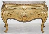 VENETIAN STYLE DECORATED BOMBE COMMODE WITH BEVELLED MARBLE TOP, H 20", L 55", D 36"