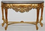 FRENCH GILT CONSOLE TABLE & ROSE VEINED MARBLE TOP, H 52", L 36" D 14"