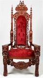 CARVED MAHOGANY THRONE CHAIR, H 70 1/4", W 36 1/2", D 29"