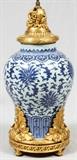 CHINESE BLUE ON WHITE PORCELAIN TABLE LAMP WITH DORE BRONZE MOUNTS, H 21", DIA 10"