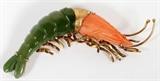 14KT GOLD "SHRIMP" BROOCH CORAL AND SERPENTINE. TW.9.5 GR. H 1'' W 2.5''