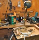 Miscellaneous tools from workshop downstairs.  Included is an industrial rolling metal cart with drawer and gooseneck lamp.