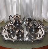 Community "Ascot" Sheffield 6 piece silver plate tea and coffee service with oversized 30” tray.