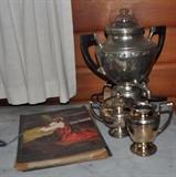 Art Deco silver plate set Universal large electric coffee urn with creamer and sugar.