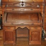 Fabulous antique walnut desk with barrel/cylinder top, closed.
