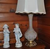 German bisque figurines (numbered), Bristol glass lamp with ornate base.