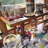 Man cave elk glassware, German steins, brass, camera miscellaneous.