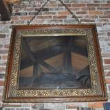 Beautiful large oak frame with gold gesso frame with mirror.  As seen, it is hanging on the massive brick fireplace in the great room.