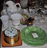 Victorian pitcher and bowl, milk glass, Schatz maritime clock, assorted crystal stems.