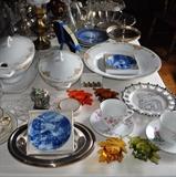 Rosenthal, Bavarian serving pieces, silver plate, Bing & Grondahl, silver plate, cribbage board, pair of brass lamps.