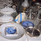 Bavarian serving pieces, silver plate, Bing & Grondahl, silver plate, cribbage board, pair of brass lamps, crystal decanters..