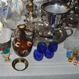 Cobalt glasses, etched glass cordials, silver plate tray, silver plate ice bucket, crystal.