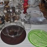 Silver plate, vaseline glass platter, hurricane chimneys for oil lamps, bristol glass vase, Victorian pitcher and bowl.