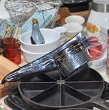 Cast iron, ricer, bowls, pie bird, Corning Ware, etc.