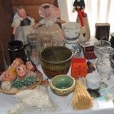 Vintage dolls, Delft, 1960s flower power letter holder, crystal, root beer mugs, Majolica, vintage postcards, Gund vintage set of four hand puppets Peter Pan.  Lenci?
