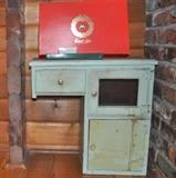Frederick & Nelson boxes, very unusual painted cabinet from a barber shop.
