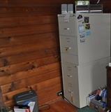 Two 2-drawer file cabinets, paper shredder, VHS.
