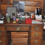 And another desk -- must be desk collectors!  Miscellaneous office/desk supplies, touch lamp.