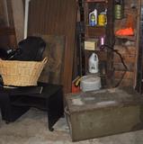 TV stand, old trunk, miscellaneous garage goodies, large basket.