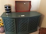 #6 blue painted sideboard 3 doors 53x20x32 $120 — at Ashmont Circle.