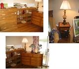 Chest of drawers that matches the (2) twin head and footboards in the basement.  Wicker style end table and lamps