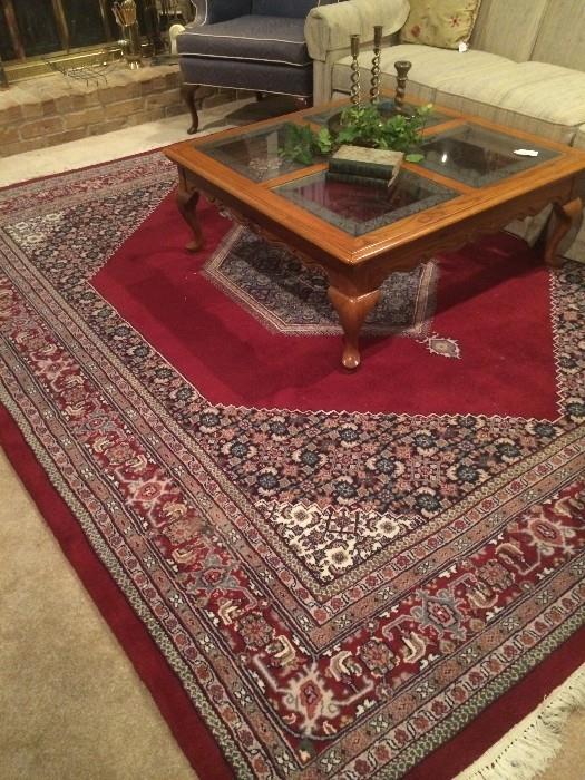 Large rug (9 x 12); wood & etched glass coffee table