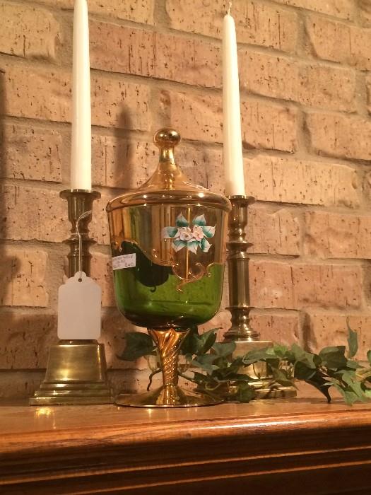 Brass candlesticks; green decorative compote