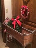 Wicker planter; Christmas items