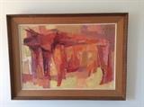 Mid century acrylic abstract of bull, signed and dated by Harold Nosti, 1958