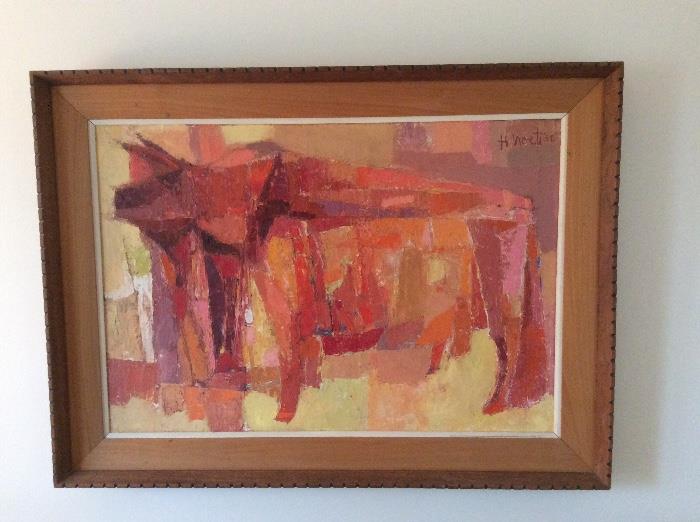 Mid century acrylic abstract of bull, signed and dated by Harold Nosti, 1958