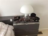 Assorted sunglasses, mushroom lamp, laminate bedroom set