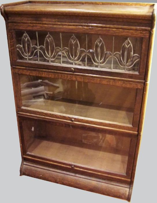 C/1910 Stacking Oak Barrister bookcase w/leaded glass top section, 3 section + top and bottom 