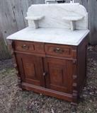 Victorian Walnut white marble top washstand w/candle shelves 