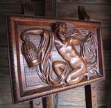 C/1890 Hand carved Oak side chair w/Relief carved back (Man w/Lantern) - Closeup