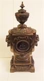 C/1880 Lg. French Empire style Bronze mantle clock, black dial, open escapement, Lion head handles 