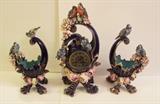 C/1900 3 pc. French Majolica porcelain mantle clock set w/ 2 Moon form vases, w/birds and flowers, clock is 18 1/2" h., attributed to Delphin Massier