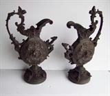 C/1880 Lg. pair of Victorian Spelter Ewers w/figural handles and relief portraits, 17"h.