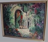 C/1930's Oil on Canvas of New Orleans Courtyard w/flowers, signed l.l. unreadable signature, 16x20"w 
