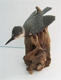All Hand carved Wood King Fisher Folk Art Bird on drift wood base signed Judie Komraus, (Northern MI wood carver) 