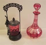 C/1880 Victorian Pickle caster w/cranberry insert ~ C/1890 Cranberry cut to clear stoppered decanter 
