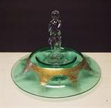 Late 20s Green etched Cambridge console bowl w/crystal Bashful Charlotte glass flower frog 