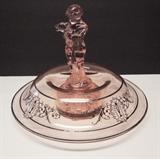 C/1920's Cambridge Pink console bowl w/Sterling overlay and Boy w/Lamb glass flower frog "Two Kids" 