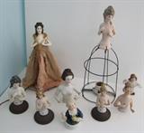 7 Antique German half dolls including Dressel Kister ~ 2-C/1920's Porcelain 1/2 doll bedroom lamps ~

